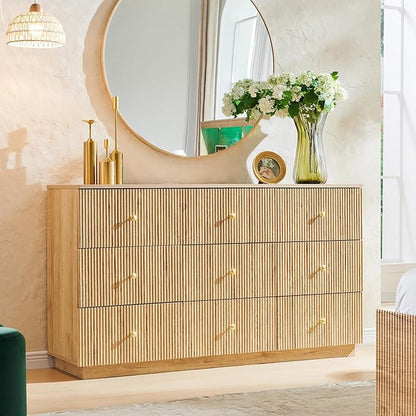 Fluted Dresser for Bedroom, 55" W 9 Drawer Dressers, Wood Tall Dresser Storage Organizer, Modern Bedroom Chest of Drawers with Deep Storage for Closet Hallway, Entryway, Living Room Natural