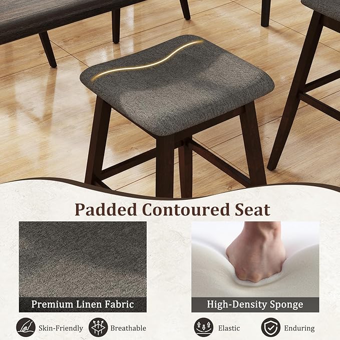 COSTWAY Swivel Bar Stools Set of 4, 30-inch Height Backless Upholstered Chairs with Padded Contoured Seat, Rubber Wood Legs, Footrest, Linen Fabric Barstools for Kitchen Counter Island, Grey+Brown