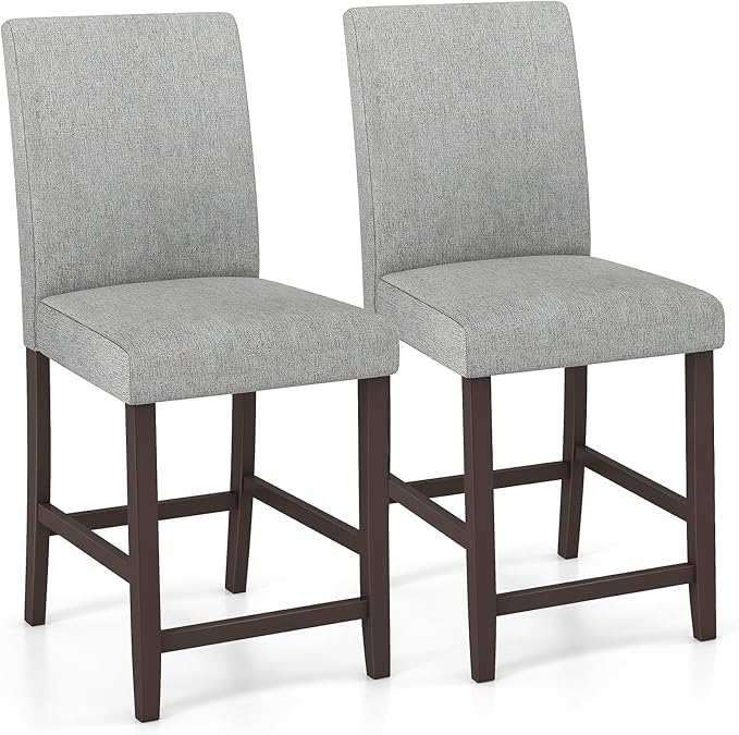 COSTWAY Counter Height Bar Stools Set of 2, 24'' Upholstered Mid Century Modern Island Chairs with Rubber Wood Legs, Wooden Barstools for Kitchen, Dining Room, Bar, Restaurant (Light Grey)
