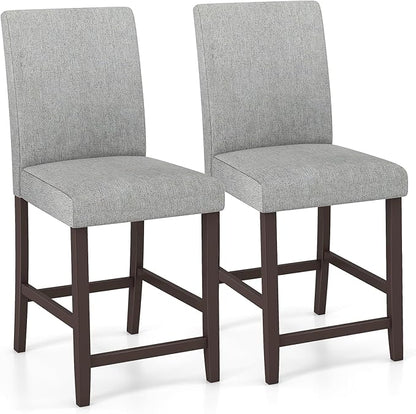 COSTWAY Counter Height Bar Stools Set of 2, 24'' Upholstered Mid Century Modern Island Chairs with Rubber Wood Legs, Wooden Barstools for Kitchen, Dining Room, Bar, Restaurant (Light Grey)