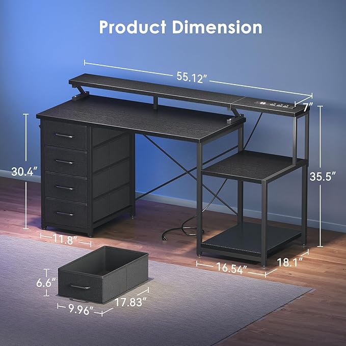 ODK 55 Inch Computer Gaming Desk with Power Outlets & 4 Drawers, Home Office Desk with Monitor Stand & Printer Shelves, Black