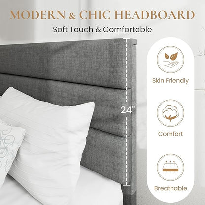 SHA CERLIN Full Platform Bed Frame with Upholstered Fabric Headboard, Mattress Foundation with Strong Wooden Slats Support, No Box Spring Needed, Grey