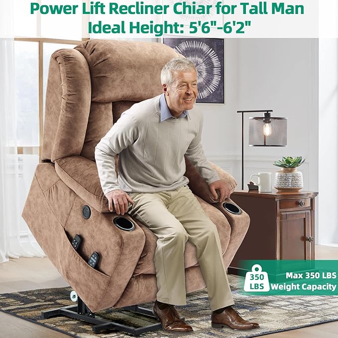 VIVIJASON Tall Man Dual Motor Power Lift Recliner Chair with Extended Footrest, Oversized Lay Flat Sleeper Electric Recliner W/Heat & Massage, Lumbar Pillow, USB & Type-C Ports, Infinite Position