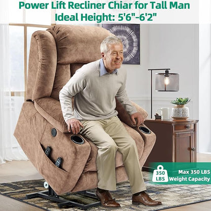 VIVIJASON Tall Man Dual Motor Power Lift Recliner Chair with Extended Footrest, Oversized Lay Flat Sleeper Electric Recliner W/Heat & Massage, Lumbar Pillow, USB & Type-C Ports, Infinite Position