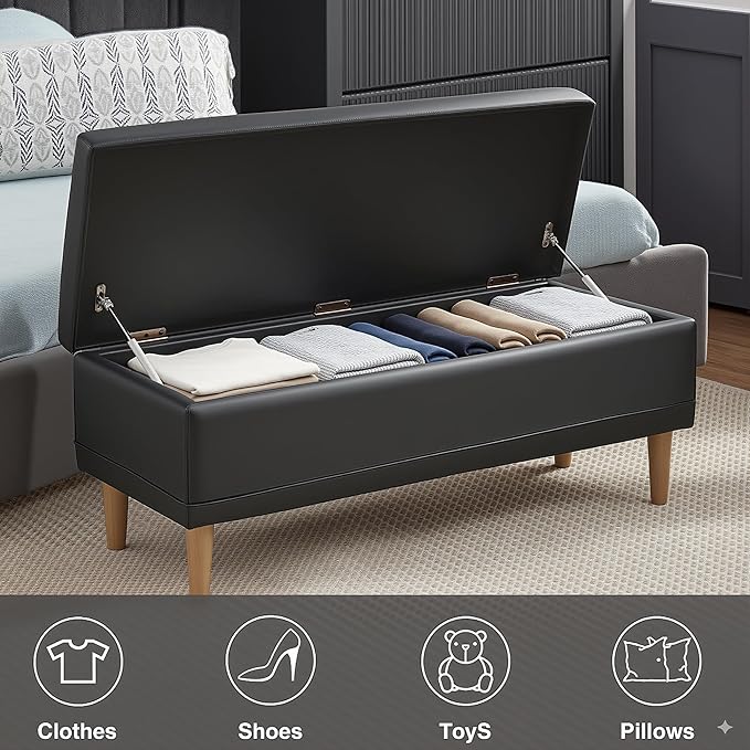 VECELO 44.5" Ottoman with Storage, Storage Ottoman Bench with 2 Gas Spring Lid Supports, PU Leather Upholstery, Solid Wood Legs, Black Shoe Bench for Bedroom, Living Room, Entryway
