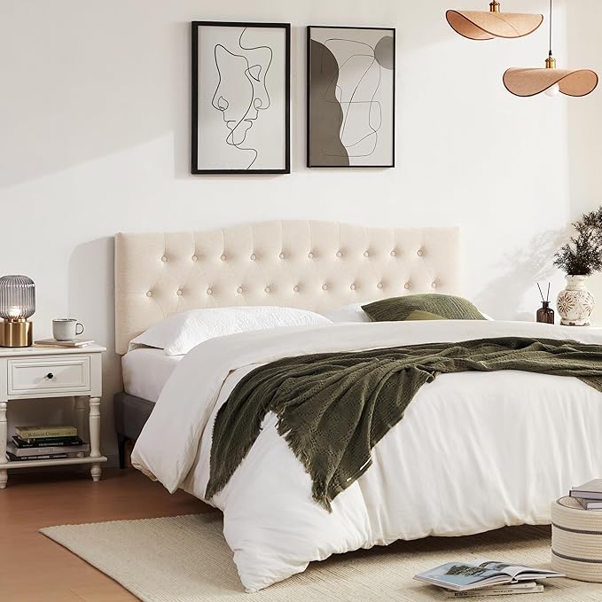 Tufted Upholstered Headboard Twin Size, Sturdy and Durable Solid Wood Twin XL headboard, Fabric Headboard Adjustable Height from 37” to 51”, Modern Button Diamond Design Head Board, Beige