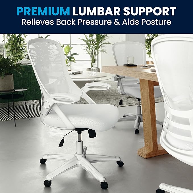 Flash Furniture Porter High-Back Swivel Office Chair with Adjustable Lumbar Support and Height, Ergonomic Mesh Desk Chair with Flip-Up Armrests, White