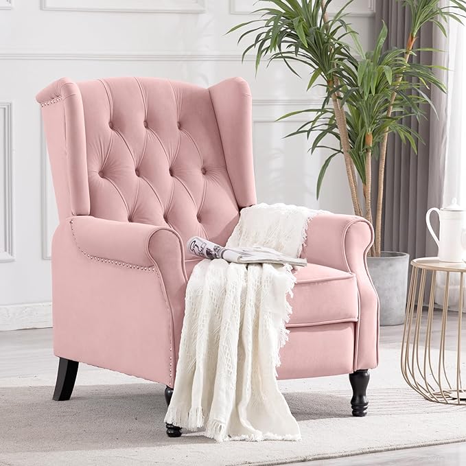 Artechworks Winged Fabric Modern Accent Chair Tufted Arm Club Chair Linen Single Sofa with Wooden Legs Comfy Upholstered for Reading Living Room Bedroom Office, Pink