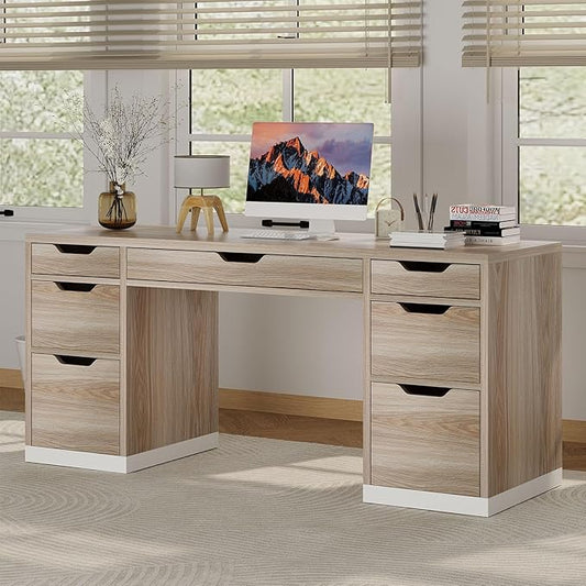 Computer Desk with Storage Drawers, 54 Inch Executive Desk with 7 Drawers for Bedroom, Office Desk with File Drawers for Work Study Writing, Small Spaces, White and Walnut