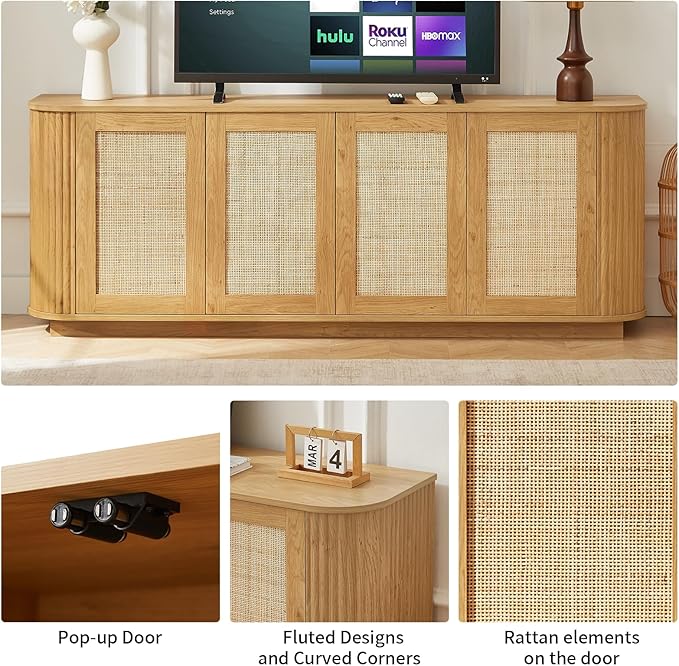 LKTART 64" Sideboard Buffet Cabinet with Storage, Wooden Fluted Storage Cabinet Sideboard with Adjustable Shelves Pressed Spring Rattan Doors for Kitchen Living Room (Natural)