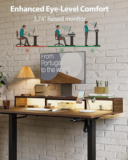 Electric Height Adjustable Standing Desk with Power Outlet and LED Light Strip, Sit to Stand, Ergonomic 48x24 Rising Desk with Memory Presets, Home Office Workstation, Computer Gaming Table, Walnut