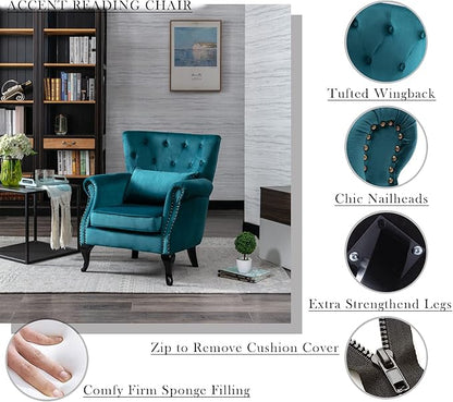 Mid Century Modern Accent Chair Upholstered Armchair Comfy Velvet Fabric Single Sofa with Tufted Wingback for Small Spaces Bedroom Living Room, Teal