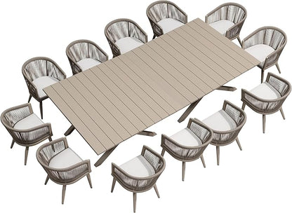 PURPLE LEAF Outdoor Dining Set for 12 All-Weather 14 Pieces Patio Aluminium Dining Large Table and Rope Weave Chairs Included Cushions for Deck Indoor Decor Kitchen Patio Furniture Set Champagne