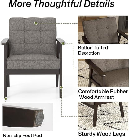 Modern Accent Chair with Arm Rest, Upholstered Linen Fabric Leisure Chair Comfy Side Chair with Backrest Button and Wooden Frame for Living Room Bedroom Reading(Gray)