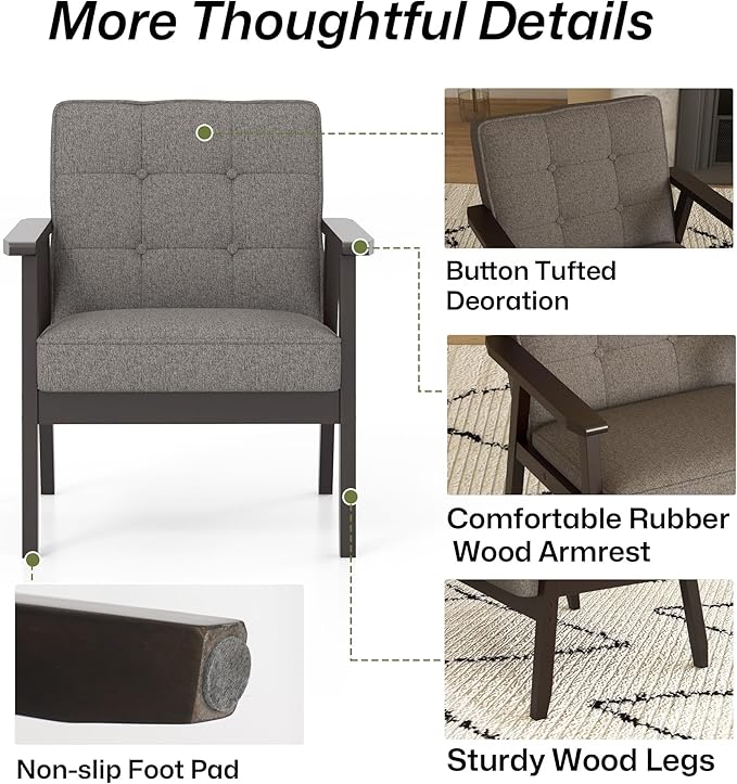 Modern Accent Chair with Arm Rest Set of 2, Upholstered Linen Fabric Leisure Chair Comfy Side Chair with Backrest Button and Wooden Frame for Living Room Bedroom Reading(Gray)