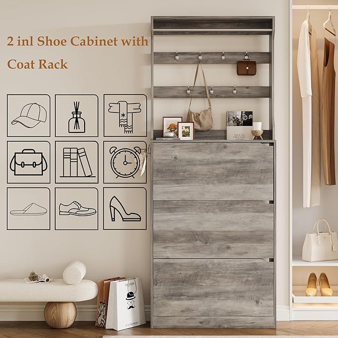 Tall Shoe Cabinet with Coat Rack, Hidden Shoe Storage Cabinet with Doors & Drawer, Hanging Bar & Hooks, Slim Narrow Freestanding Shoe Rack Organizer for Entryway, Hallway & Living Room, Grey