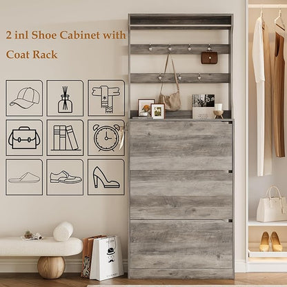 Tall Shoe Cabinet with Coat Rack, Hidden Shoe Storage Cabinet with Doors & Drawer, Hanging Bar & Hooks, Slim Narrow Freestanding Shoe Rack Organizer for Entryway, Hallway & Living Room, Grey