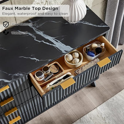 T4TREAM Fluted 8 Drawers Dresser, 54" Wide Modern Chest of Drawers with Faux Marble Top, Curved Profile Design, Dresser TV Stand, Wood Drawer Organizer for Bedroom, Living Room, Hallway, Dark Grey