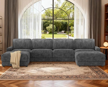 Sunny Heart 160" U-Shaped Modular Sectional Sofa, Oversized Cloud Couch with Movable Ottoman, 6-Seat Chenille Deep Seat Sofa with Pillow, Sectional Couches for Living Room, Apartment, Dark Grey