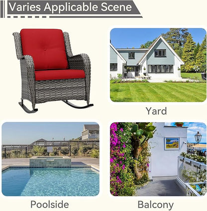 1 PC Outdoor Rocking Chair, Wicker Patio Rocker Chair for Yard, Porch, Mixed Brown Grey Rattan, Red Cushions
