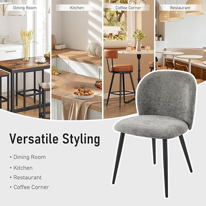 Upholstered Dining Chairs Set of 2, Modern Kitchen Side Chair with Padded Seat Comfortable Chenille Fabric Study Black Matel Legs,Desk Chair with Back for Dining Rooms, Gray