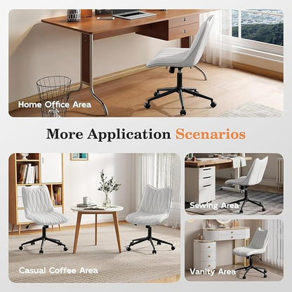 Armless Desk Chair, Armless Office Chair with Wheels, Small Desk Chair No Arms for Home Office, Swivel Vantiy Chair with Backs for Bedroom, Rolling Task Chair for Small Space, White