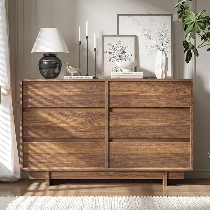 Walnut Dresser for Bedroom, 47" Wide 6 Drawer Dresser, Mid Century Modern Dressers Chest of Drawers, Wooden Large Dressers for Bedroom, Closet
