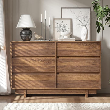 Walnut Dresser for Bedroom, 47" Wide 6 Drawer Dresser, Mid Century Modern Dressers Chest of Drawers, Wooden Large Dressers for Bedroom, Closet
