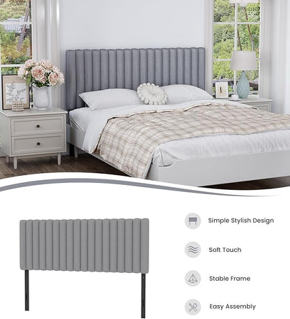 Full Size Upholstered Headboard Only, Channel Tufted Headboard with Wood Legs for Bedroom, Adjustable Height, Easy Assembly, No Box Spring Needed, Grey