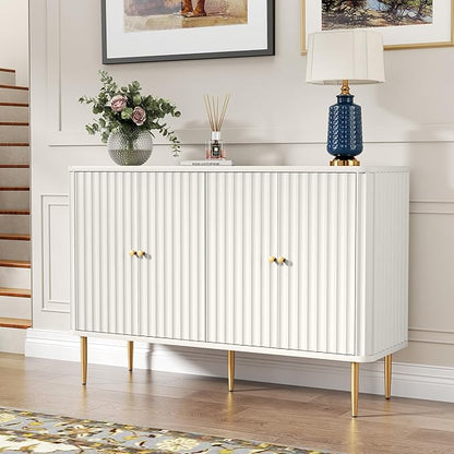 HLR Sideboard Buffet Cabinet, 48" Modern Accent Cabinet with 4 Door and Removable Shelves, Credenza with Storage for Living Room, Dinning Room, Entryway, White
