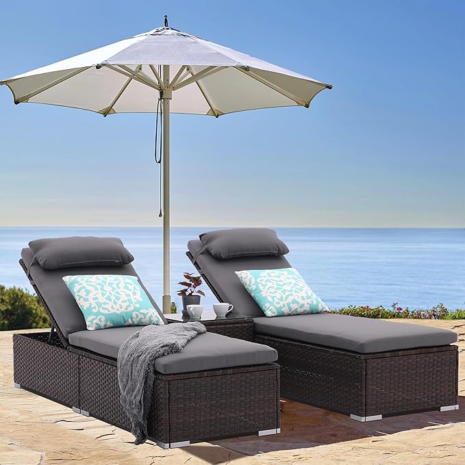 3 PCS Patio Chaise Lounge Outdoor Lounge Chair Patio Reclining Chair with Coffee Table Cushion&Pillow 5 Angle Adjustment Brown Rattan for Courtyards Poolside Garden