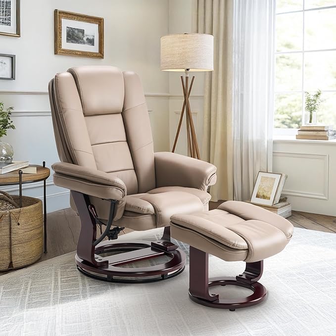 Argus Swivel Recliner with Ottoman, PU Leather & Wood Base Reclining Chair with Footrest, Ultra-Plush Double Foam for Living Room, Bedroom and Office