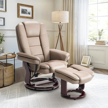 Argus Swivel Recliner with Ottoman, PU Leather & Wood Base Reclining Chair with Footrest, Ultra-Plush Double Foam for Living Room, Bedroom and Office