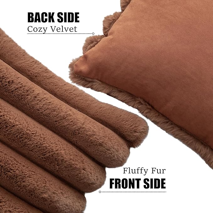 Neelvin Brown Faux Fur Cozy Soft Stripe Decorative Throw Pillow Covers 16x16 inch Set of 2,Velvet Pillowcase Cushion Case for Sofa Couch