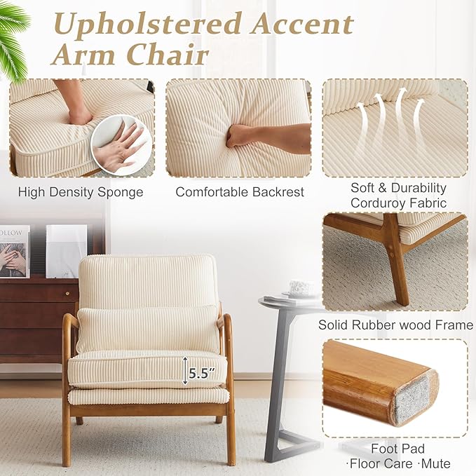 VINGLI Upgraded Premium Corduroy Accent Chair,Upholstered Arm Chair,Solid Wood Comfy Reading Chair with Lumbar Pillow, Mid Century Modern Chairs for Living Room,Bedroom,Guest Room,Beige