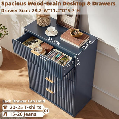 Fluted 5 Drawers Dresser for Bedroom, 41" Tall Modern Chest of Drawers with Metal Handle,Navy Blue Wood Drawer Organizer for Bedroom, Living Room, Hallway, Entryway
