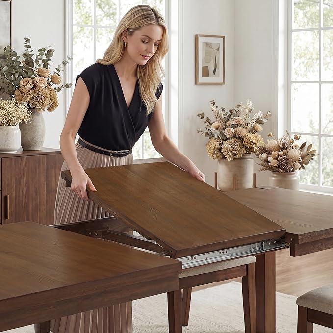 60"-80" Extendable Dining Table, Modern Rectangular Wood Kitchen Table, Farmhouse Expandable Dinner Table, Traditional Large Extension Meeting Desk for Dining Room, Living Room, Walnut