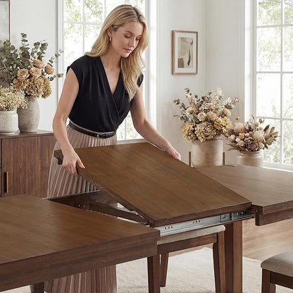 60"-80" Extendable Dining Table, Modern Rectangular Wood Kitchen Table, Farmhouse Expandable Dinner Table, Traditional Large Extension Meeting Desk for Dining Room, Living Room, Walnut