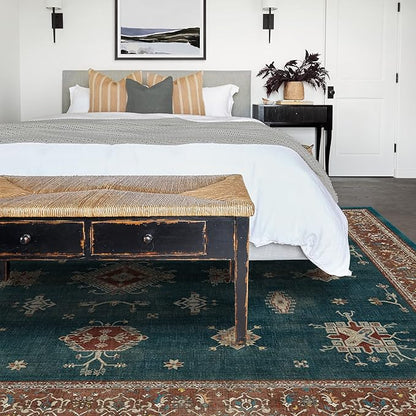 RUGGABLE Washable Vintage Area Rug – Verena Teal Blue 9x12, Stain-Resistant, Non-Slip – Large Machine Washable Rugs for Living Room, Bedroom, Hallway, Entryway & Office–with Standard Pad