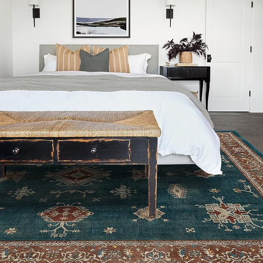 RUGGABLE Washable Vintage Area Rug – Verena Teal Blue 8x10, Stain-Resistant, Non-Slip – Large Machine Washable Rugs for Living Room, Bedroom, Hallway, Entryway & Office–with Cushioned Pad