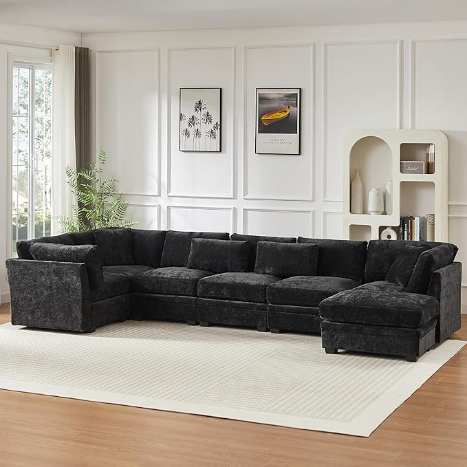 Christopher Knight Home Zery 7-Piece U-Shape Lounge Sofa Couch with Ottomans, Modern Modular Sectional Sofa Set with Pillow Back for Living Room, Chenille Upholstered Cloud Couch with Deep Seat,Black