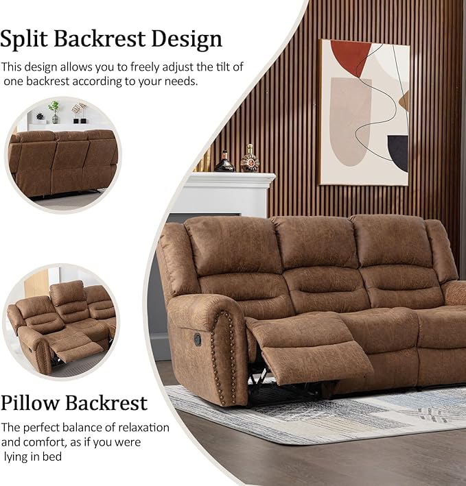 CANMOV Faux Leather Manual Recliner Sofa Set,Manual Reclining Sofa and Recliner Loveseat with Overstuffed Armrest for Living Room,Bedroom Furniture,Office,Nut Brown