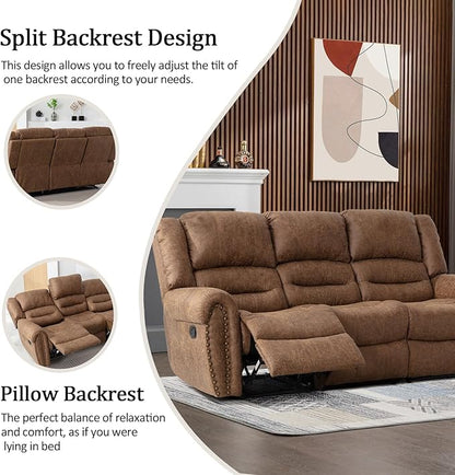 CANMOV Faux Leather Manual Reclining Sofa,3 Seat Recliner Couch Sofa with Overstuffed Comfortable Arms and Back for Living Room,Office,Nut Brown