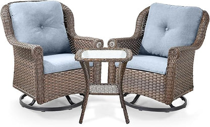 3 Piece Patio Swivel Chairs and Side Table Set - High Back Outdoor Brown Wicker Rattan Rocking Glider with Thick Cushions for Porch Apartment Deck Yard Poolside Garden - Baby Blue