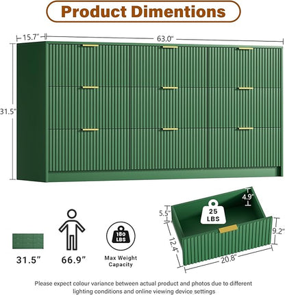 Green Dresser for Bedroom, Modern Dresser with 9 Drawers and Smooth Slides, Wide Chest of Drawers with Golden Handles for Bedroom, Living Room, Closet, 15.7" D x 63" W x 31.5" H