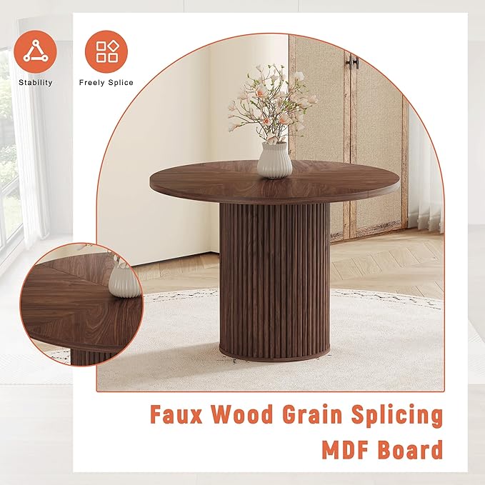 5 Piece Dining Table Set, 42" Round Dining Table Set for 4 with Storage and Suede Chairs, Round Kitchen Table and Chairs for 4 with Thick Wood Top, Roman Column Pedestal, Space-Saving