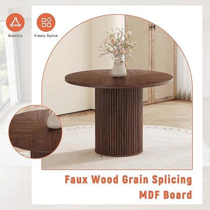5 Piece Dining Table Set, 42" Round Dining Table Set for 4 with Storage and Suede Chairs, Round Kitchen Table and Chairs for 4 with Thick Wood Top, Roman Column Pedestal, Space-Saving