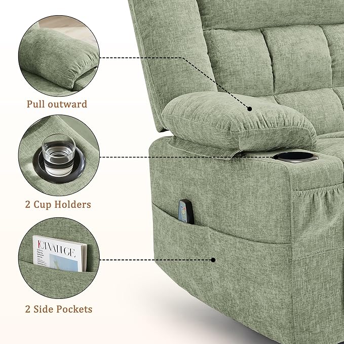 360° Swivel Rocker Recliner for Adults, Nursery Glider Recliner with Massage and Heating, Rocking Chair with Cup Holder, Manual Recliner Chair for Living Room, Bedroom (Fabric, Turquoise)