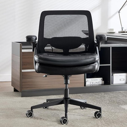 Big and Tall Office Chair, 500lbs Mesh Heavy Duty Ergonomic Desk Chair with Flip-up Armrests, Plus Size Wide Seat in PU Leather, 360 Swivel Computer Executive Task Chair for Home Office (Black)