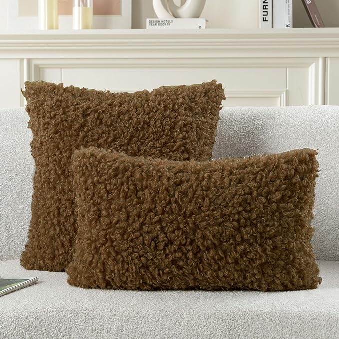 FUTEI Brown Decorative Throw Pillow Covers 26x26 Inch Set of 2,Soft Fluffy Faux Wool Fur Boucle Textured Pillow Shams,Modern Home Decor for Couch Bed Living Room Office